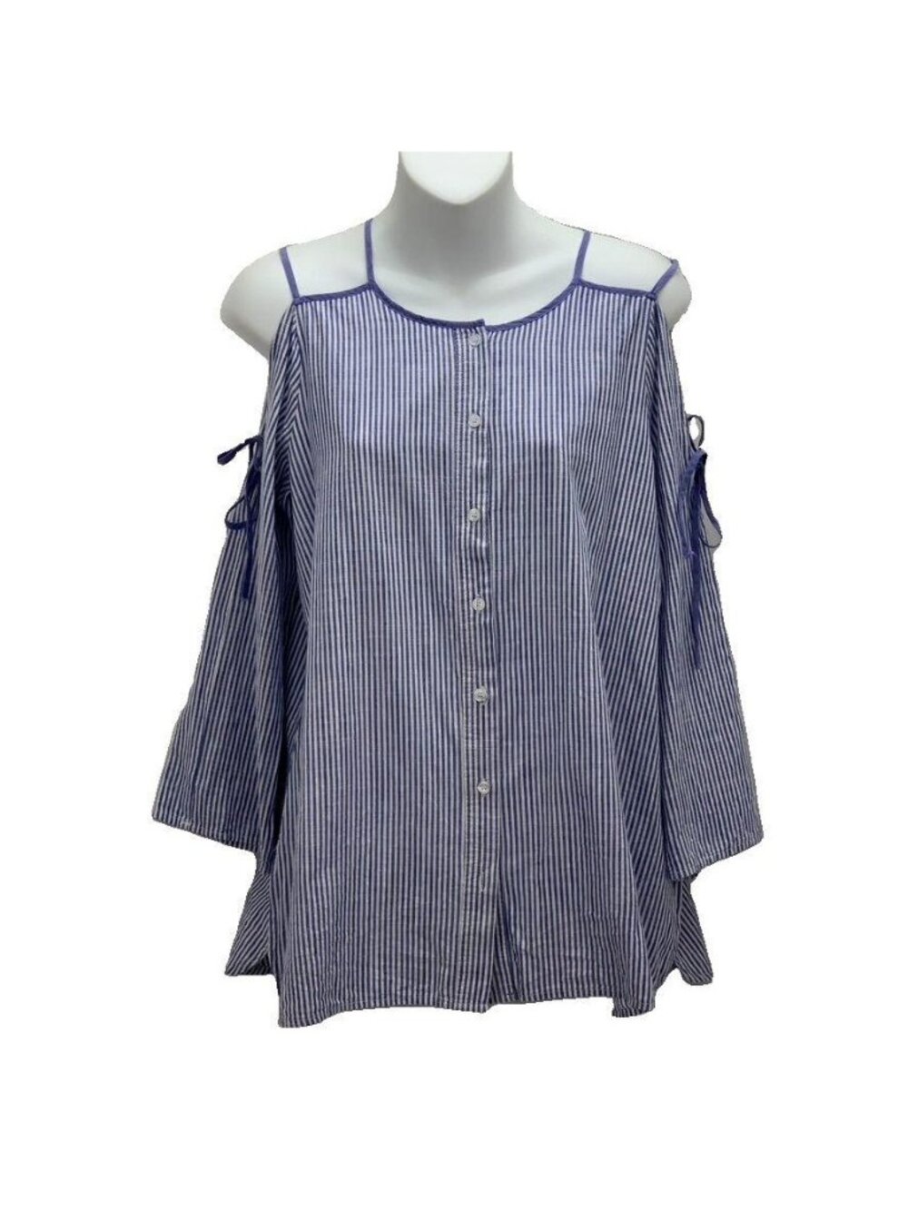 Blue & White Striped Cold Shoulder Womens Top By Very J Size S 100% Cotton